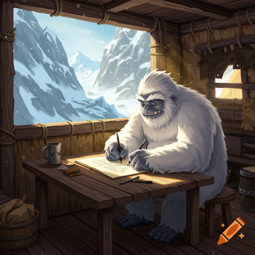 A yeti drawing at a table in a cabin looking out at snow-capped mountains.