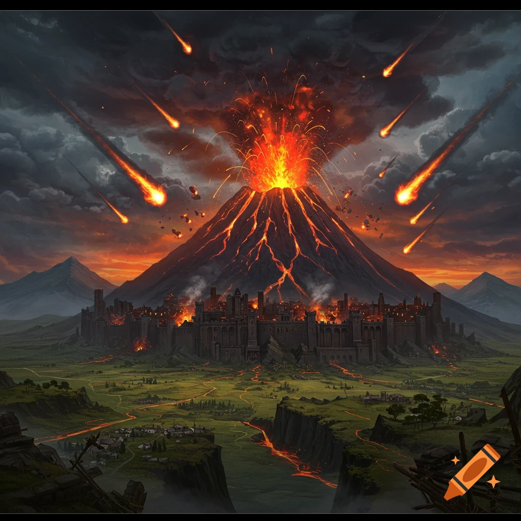 A volcano erupting, raining meteors down on a city below, causing destruction.