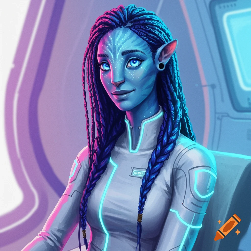 A blue-skinned female character in a white sci-fi suit sits in a spaceship interior.