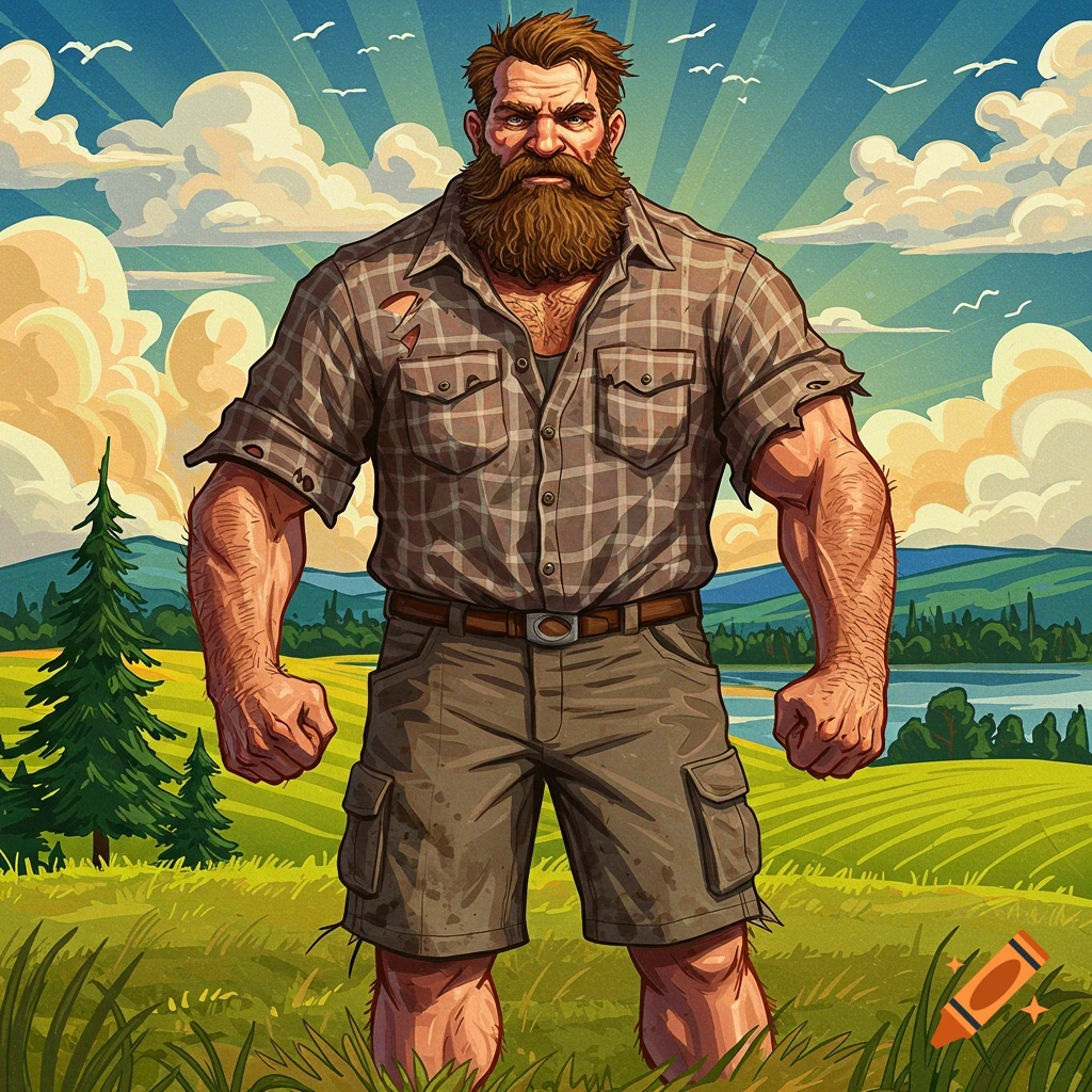 A burly man with a beard in a plaid shirt and shorts stands in a field.