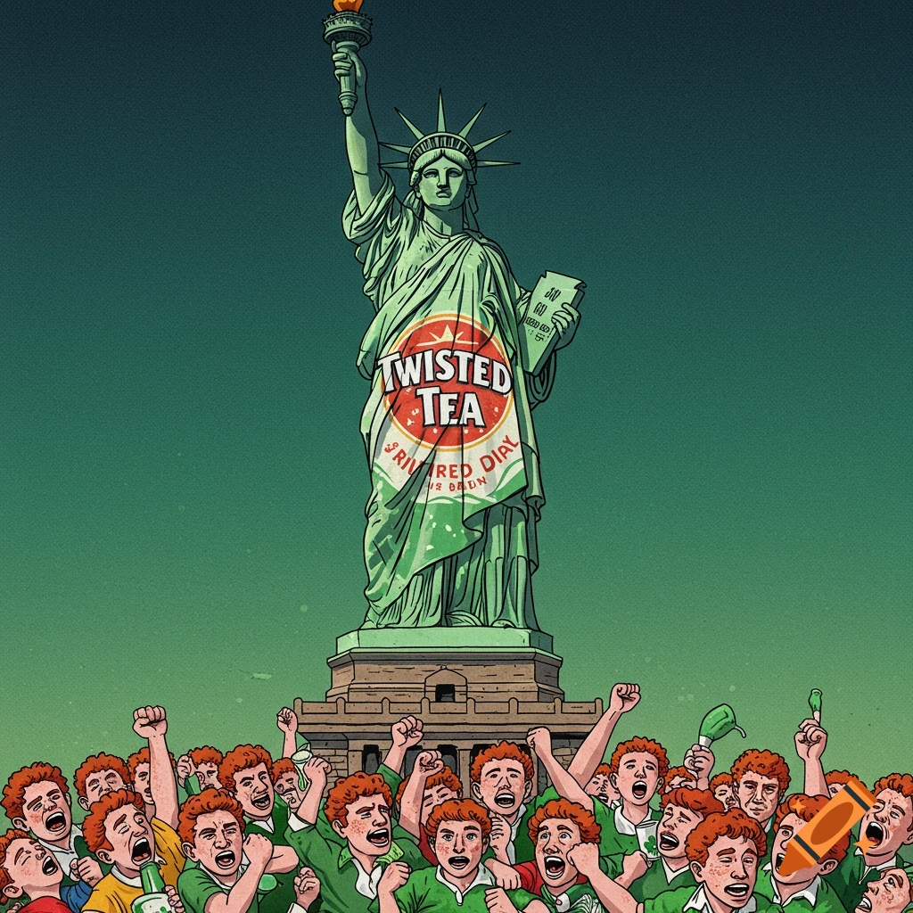 An illustration of the Statue of Liberty wrapped in Twisted Tea branding, with a crowd of cheering people below.