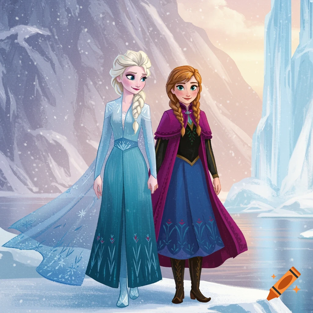 Elsa and Anna from Frozen stand in a snowy mountain landscape.