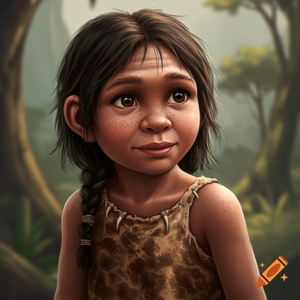 A portrait of a young prehistoric girl with a braid and animal hide dress.