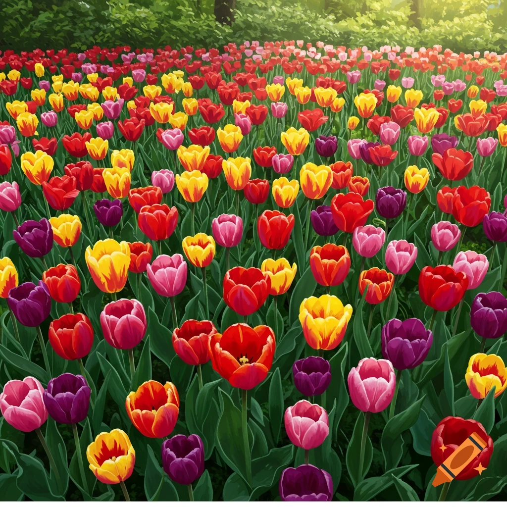 A vibrant field of red, yellow, and purple tulips in a garden.