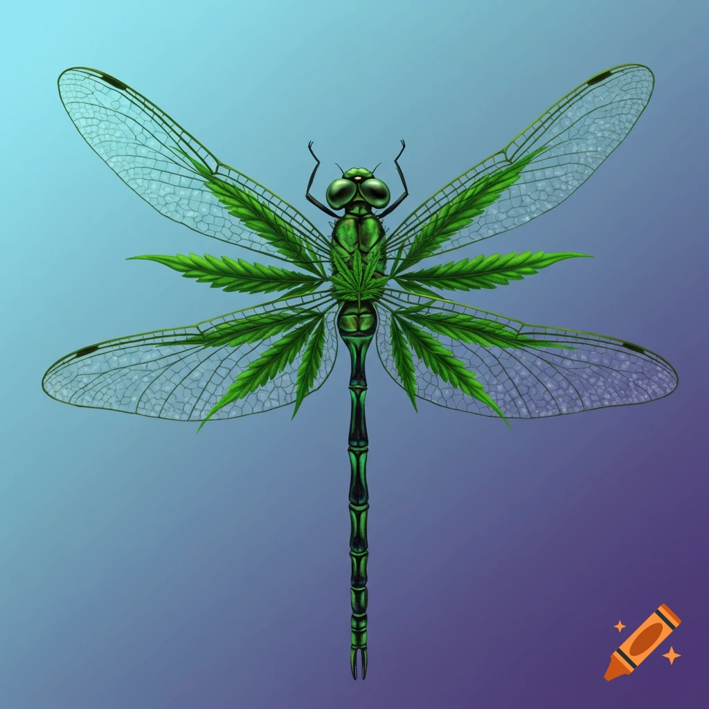 A green dragonfly with wings and body made of cannabis leaves against a gradient background.