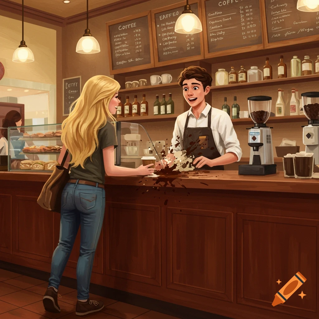 A blonde woman spilling coffee on a barista in a busy coffee shop.