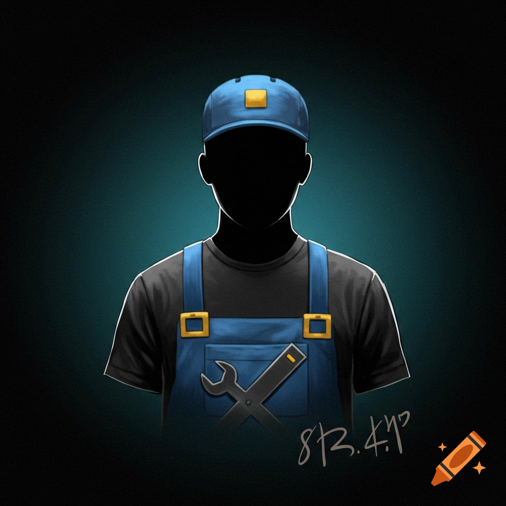 Illustration of a silhouette of a worker wearing a blue cap and overalls over a black t-shirt against a dark background.