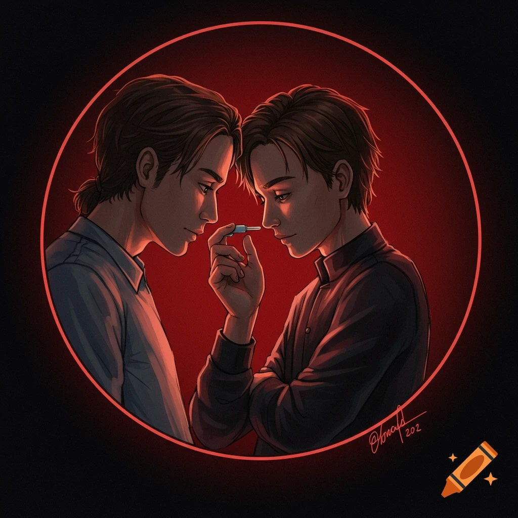 Two young men examining a small object, lit dramatically in red tones.