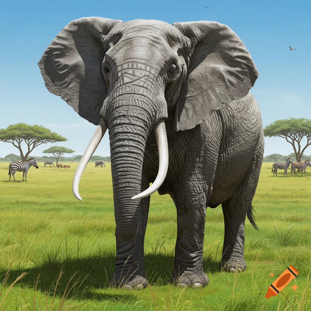 An elephant stands in a savanna with zebras and acacia trees.