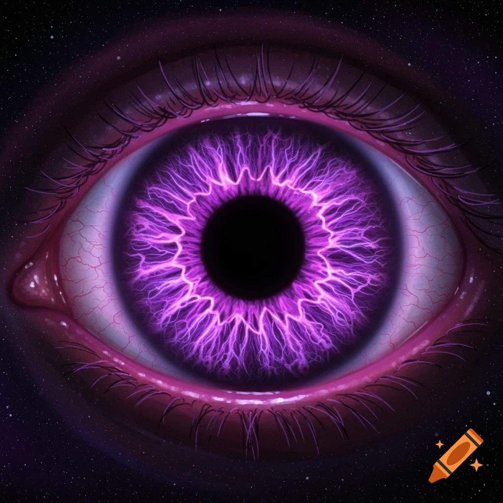 A purple bioluminescent eye with a starry background