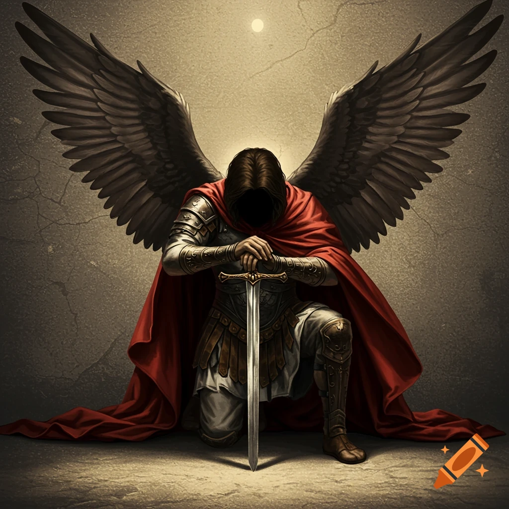 An armored figure with dark wings kneeling with a sword.
