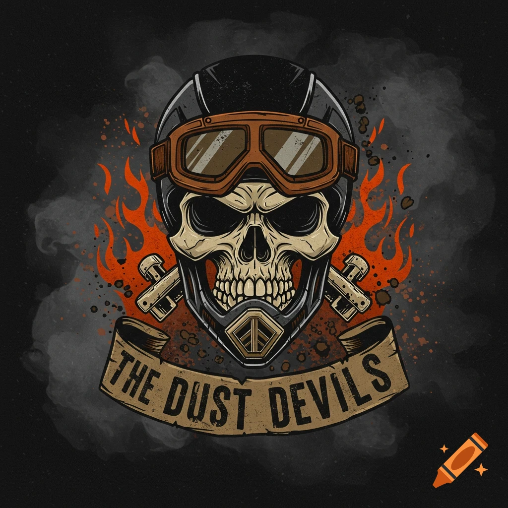Illustration of a skull wearing a motorcycle helmet and goggles, with flames and a banner reading THE DUST DEVILS.