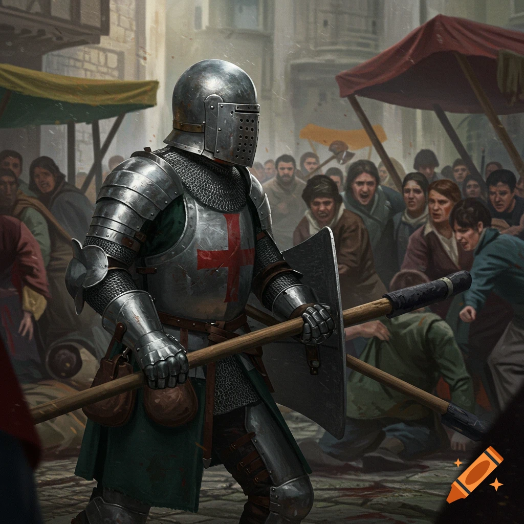 A medieval knight in armor standing in a busy street with a crowd.