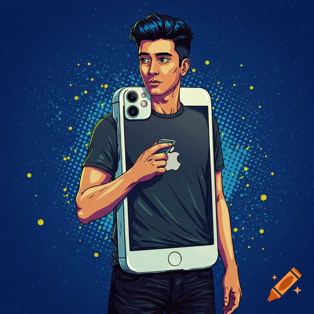 A man with an iPhone as his body is holding a small card, on a blue background.