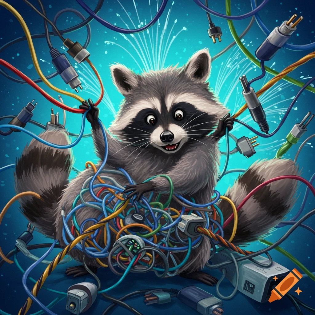 A raccoon tangled in a mess of colorful cables.