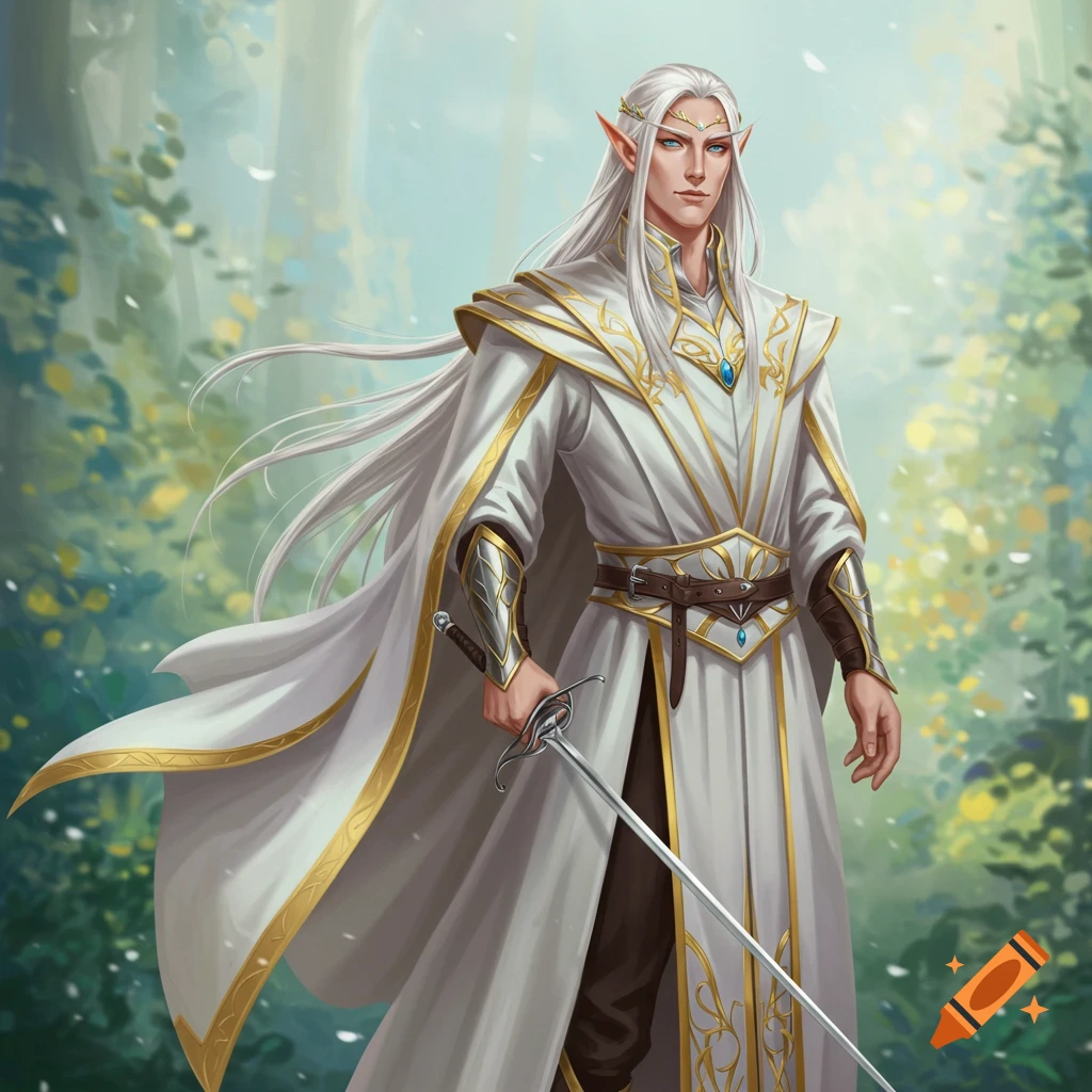 An elven man in white and gold robes holding a sword in a forest.