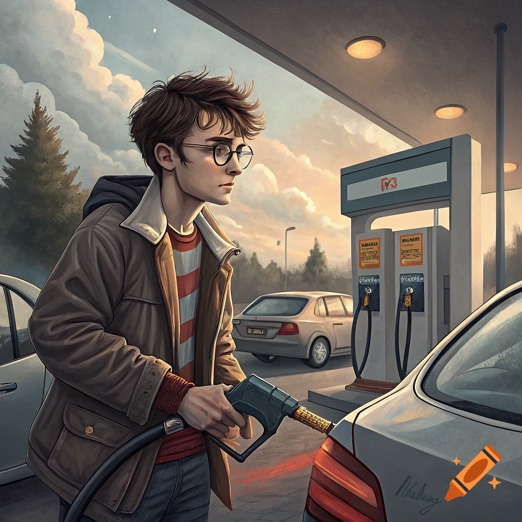 A person resembling Harry Potter pumps gas into a car at a gas station.