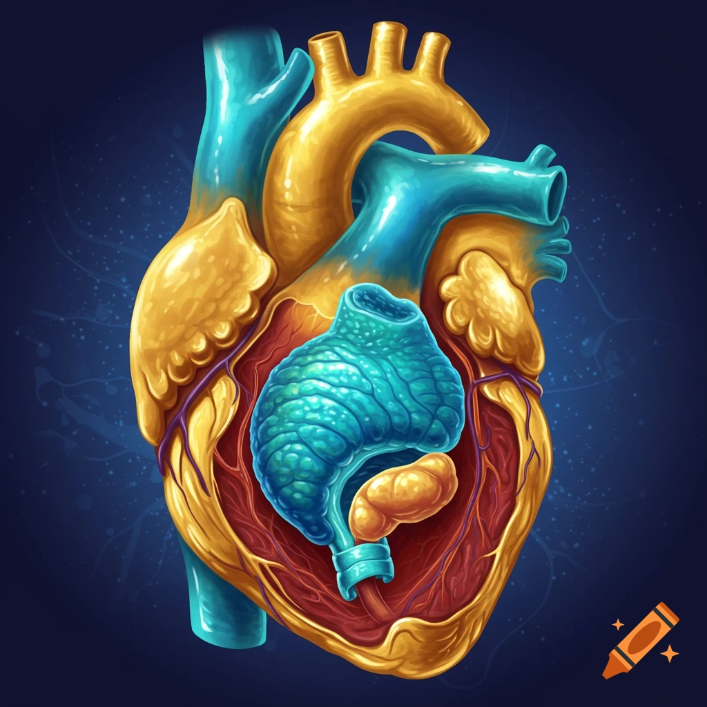 A vibrant digital illustration of a human heart and internal organs.