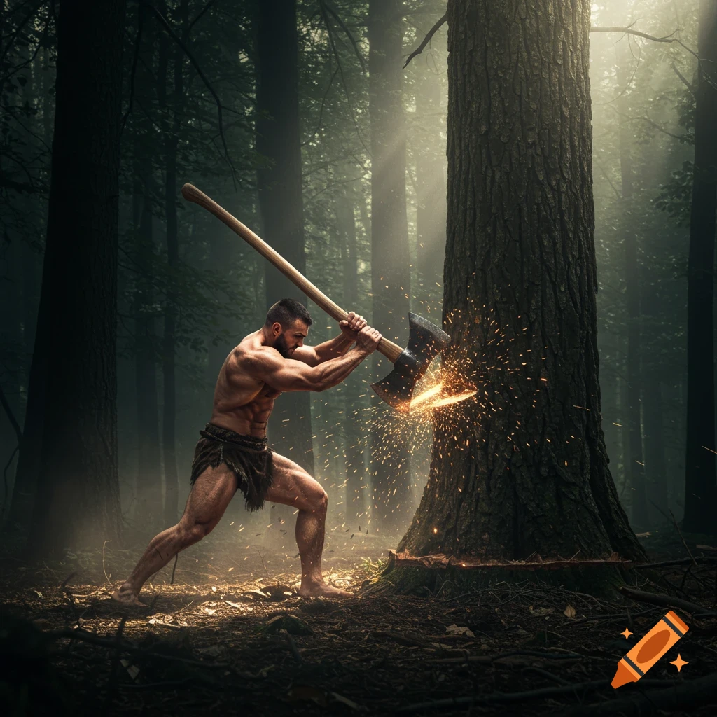 Muscular man cutting tree with axe in a dark forest, sparks flying.