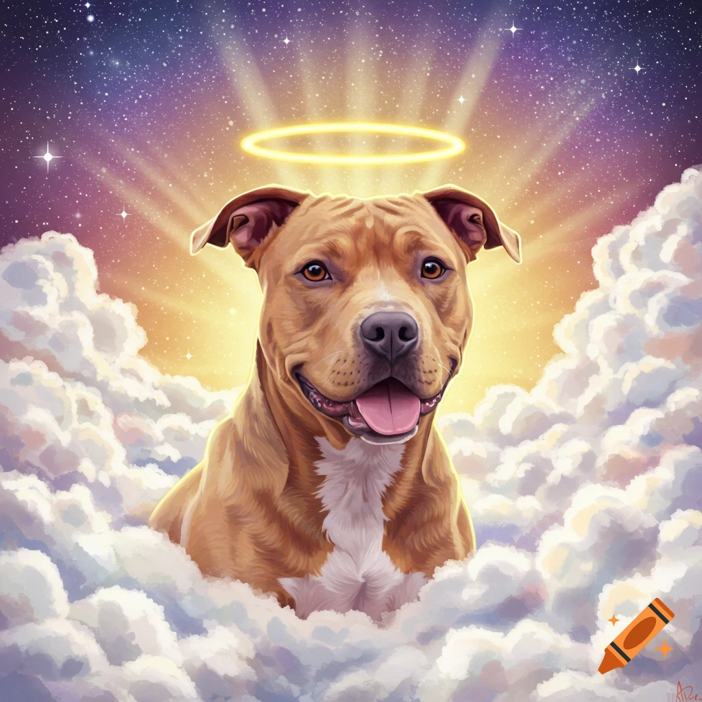 Pitbull dog with a halo surrounded by clouds in a starry sky.