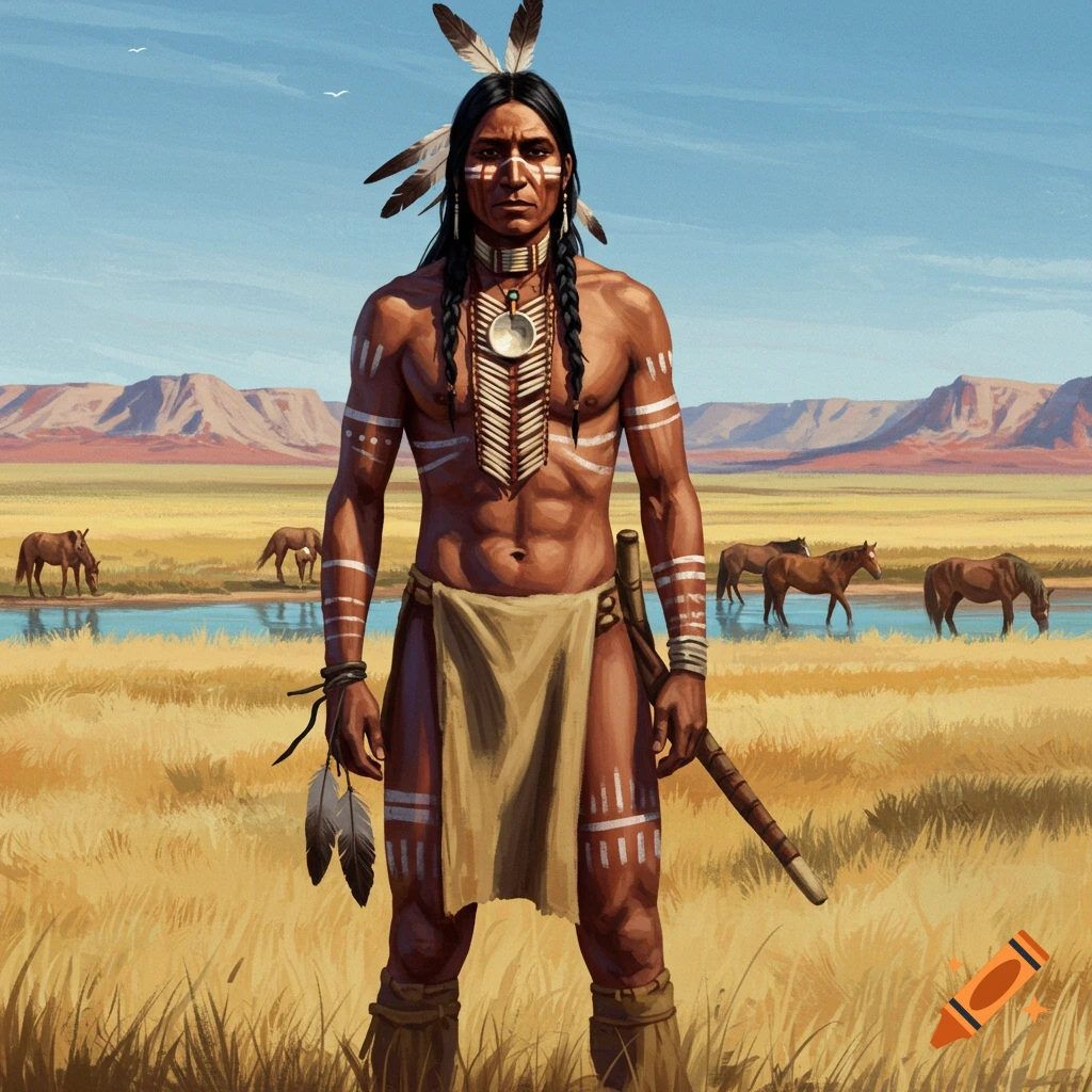 A Native American warrior standing by a river in a plains landscape with horses.