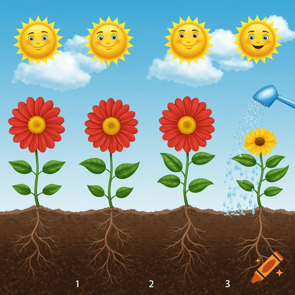 Cartoon illustration showing four stages of flower growth with roots in soil, sun in sky, and watering.