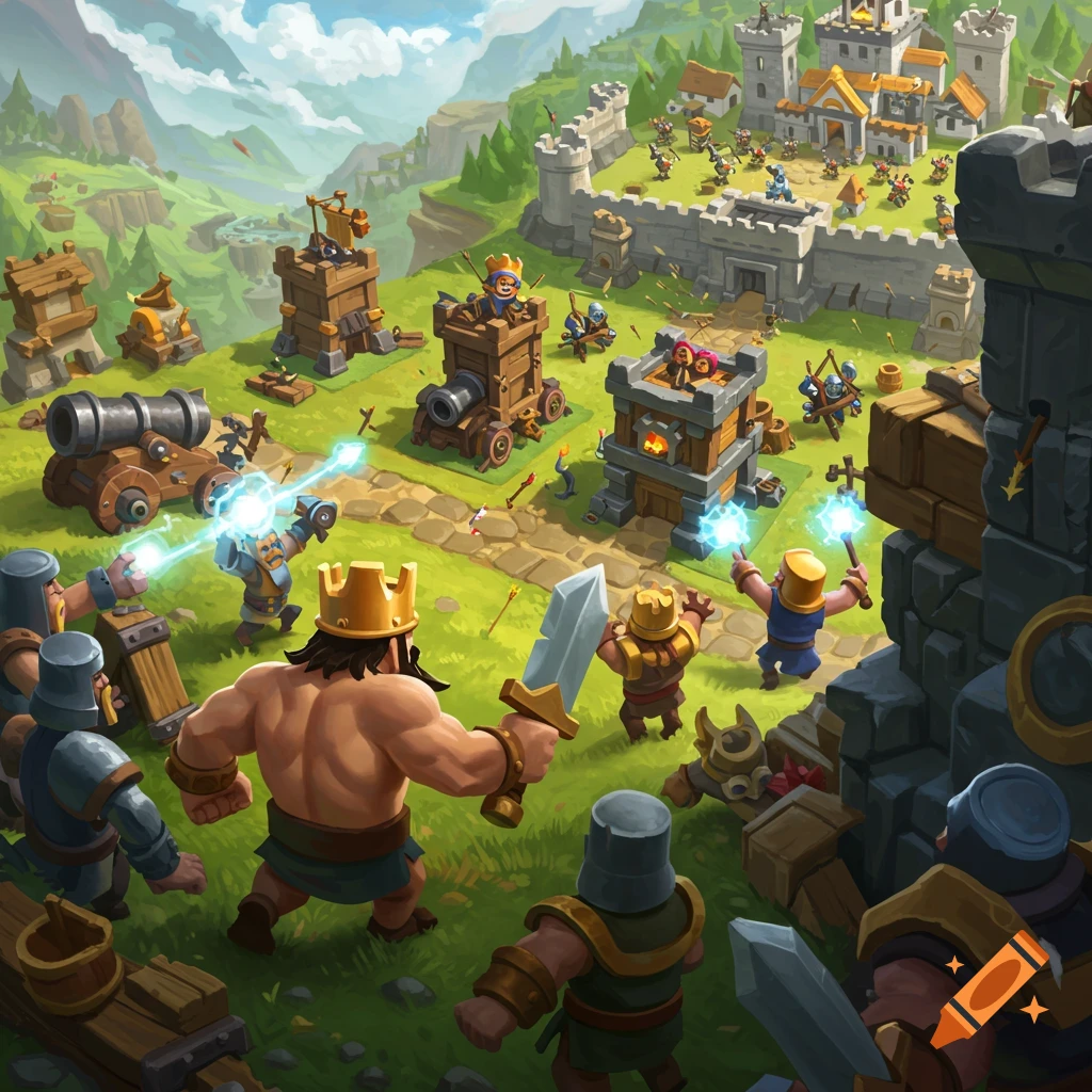 Cartoon-style fantasy battle scene with warriors attacking a walled city, featuring towers, cannons, and spell effects.