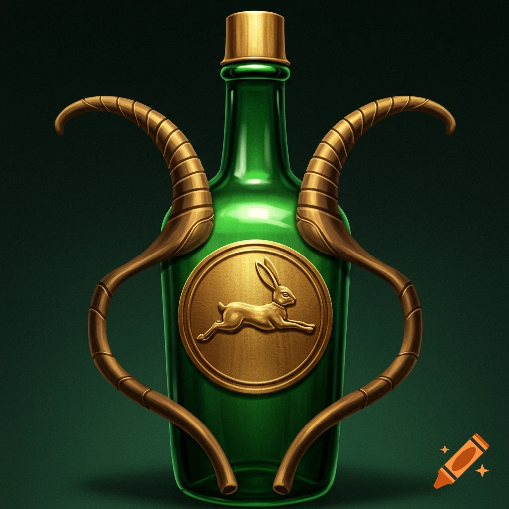 A green bottle with a gold rabbit emblem on a gold circle, framed by golden horns of Hathor.