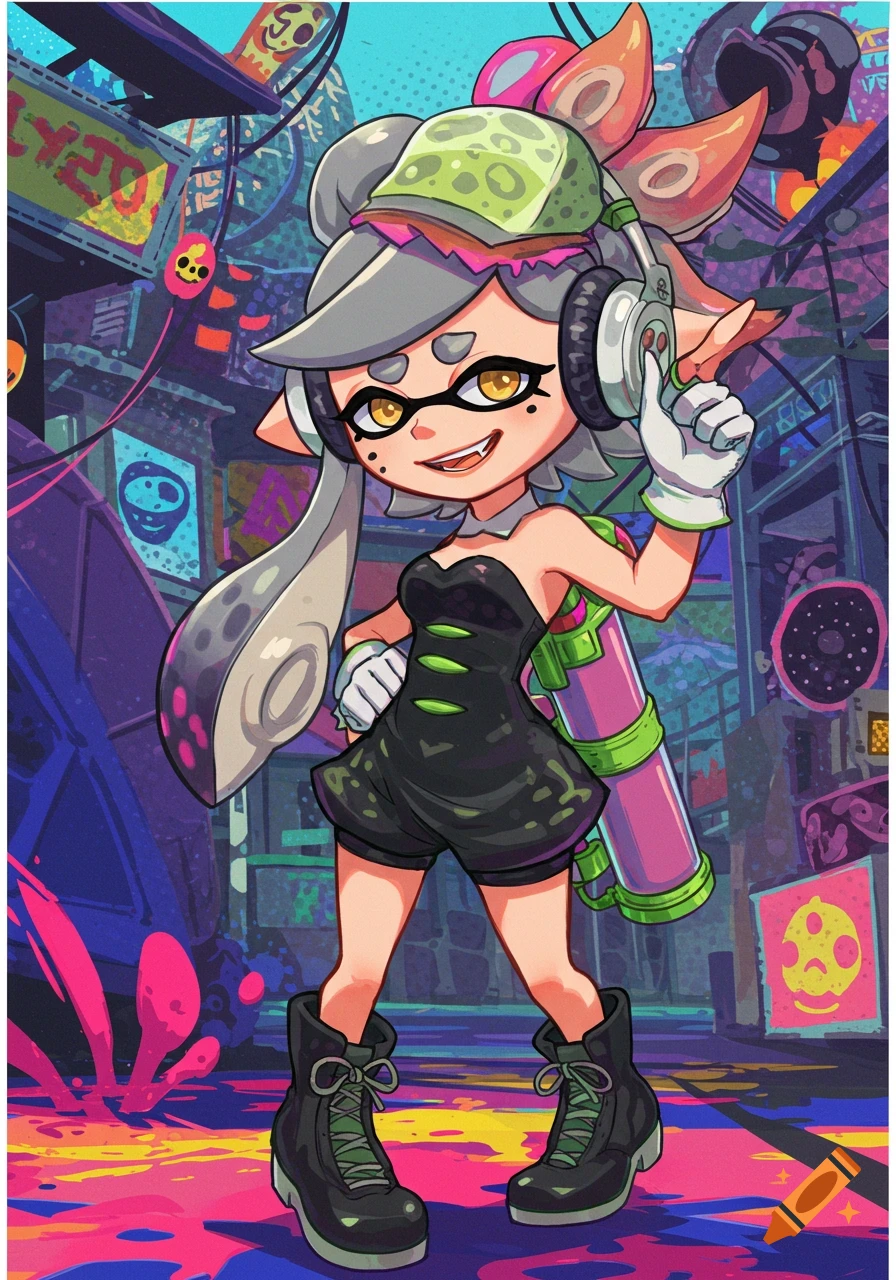 Marie from Splatoon stands in a colorful, stylized urban alley with headphones and a weapon tank.