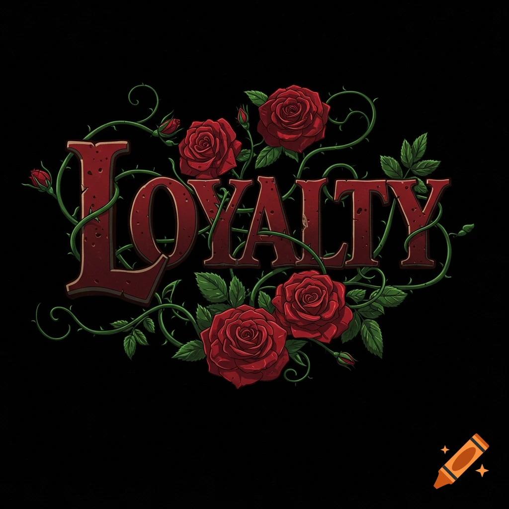 The word LOYALTY in red letters entwined with roses and thorny vines on black.
