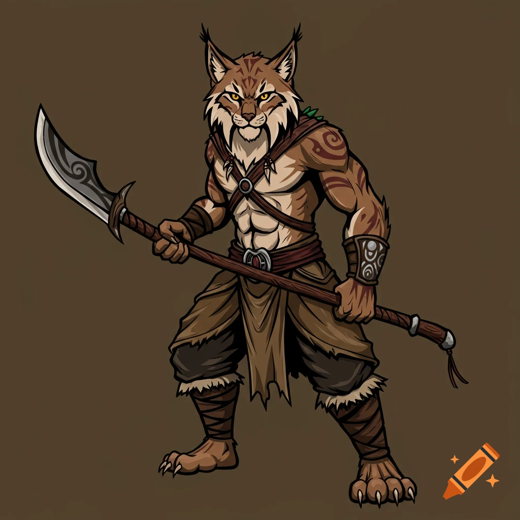 Vector graphic of an anthropomorphic lynx warrior holding a polearm.