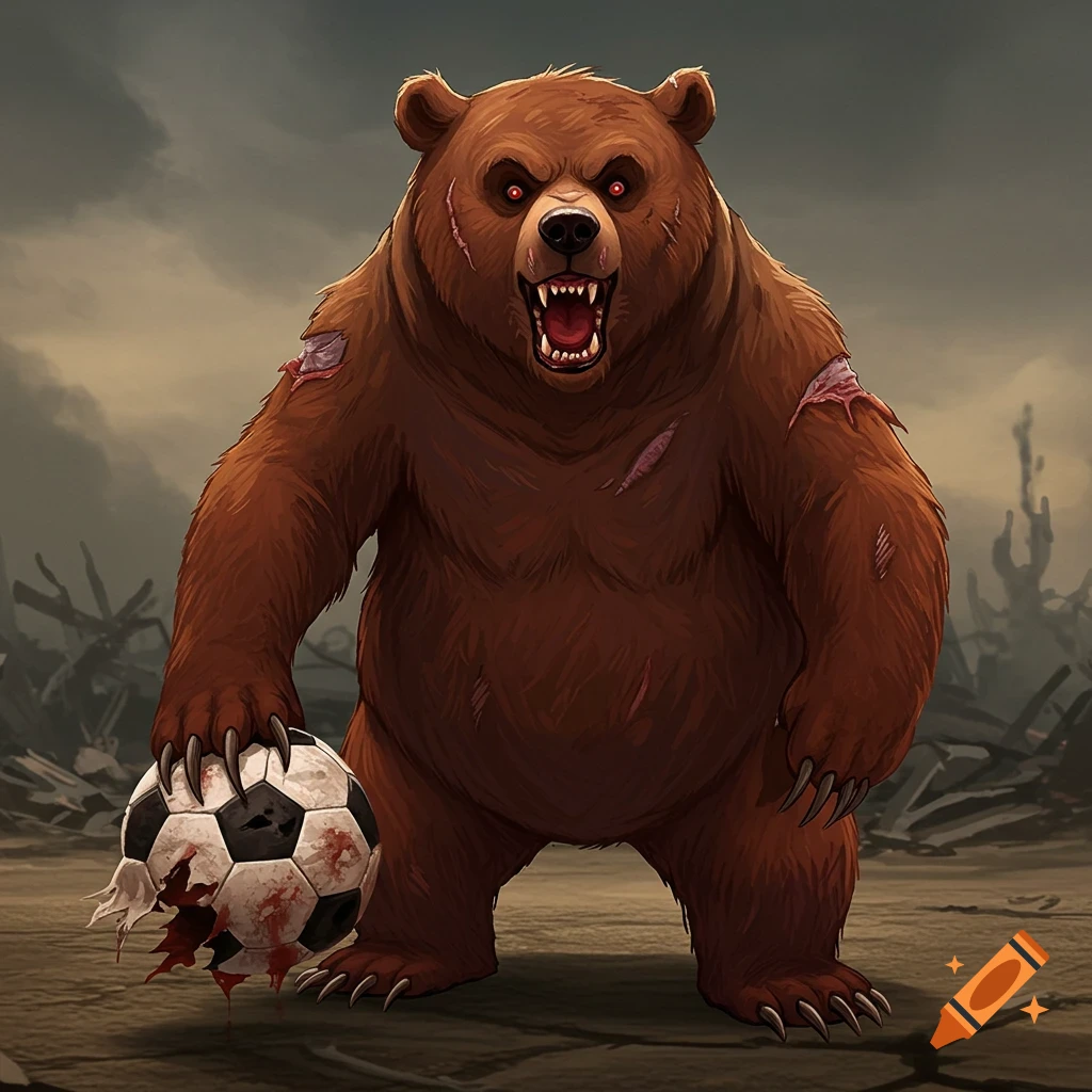 Illustration of an angry brown bear with red eyes holding a torn, bloody soccer ball in a ruined landscape.
