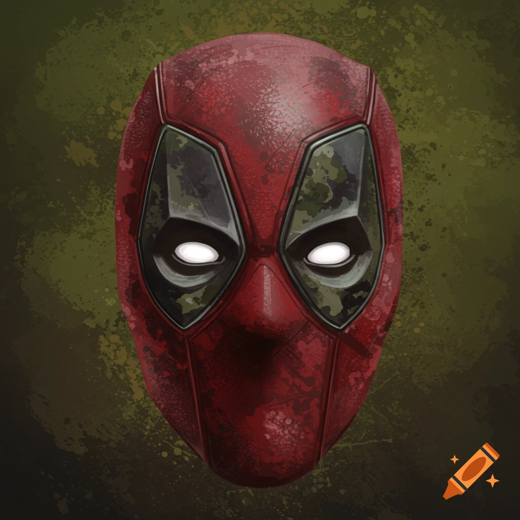 A Deadpool mask with army camo pattern around the eyes against a textured background.