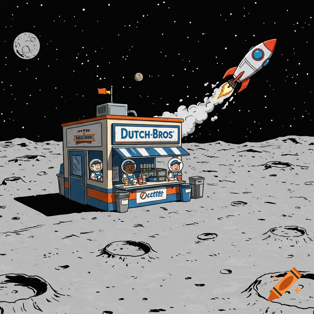 Cartoon Dutch Bros coffee stand on the moon with a rocket flying by.