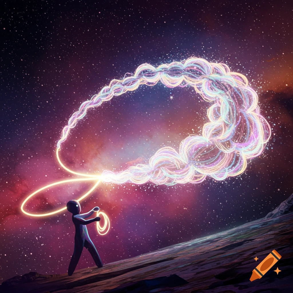 A stylized figure on a cosmic landscape lassos swirling trails of glowing, colorful light against a starry background.