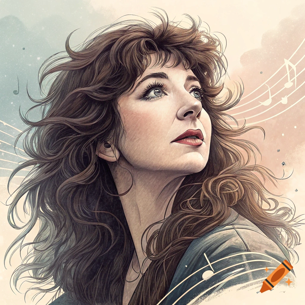 Stylistic portrait of a woman with brown hair looking up, with musical notes and staff lines.
