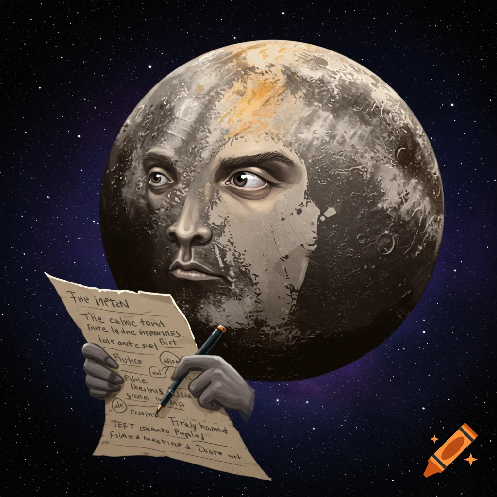 Dwarf planet Pluto with a face reading a list in space.