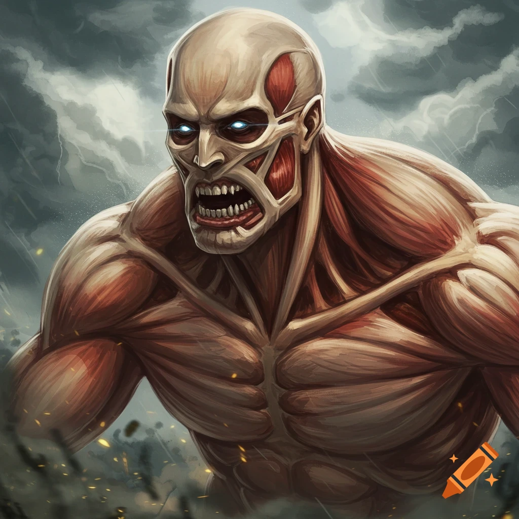 A muscular, skinless titan with glowing eyes under a stormy sky.
