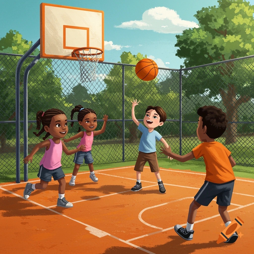 Cartoon illustration of diverse children playing basketball on an outdoor court.