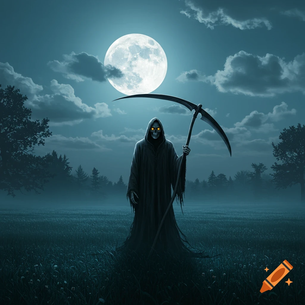 Grim Reaper with scythe standing in a field under a full moon at night. Digital art.