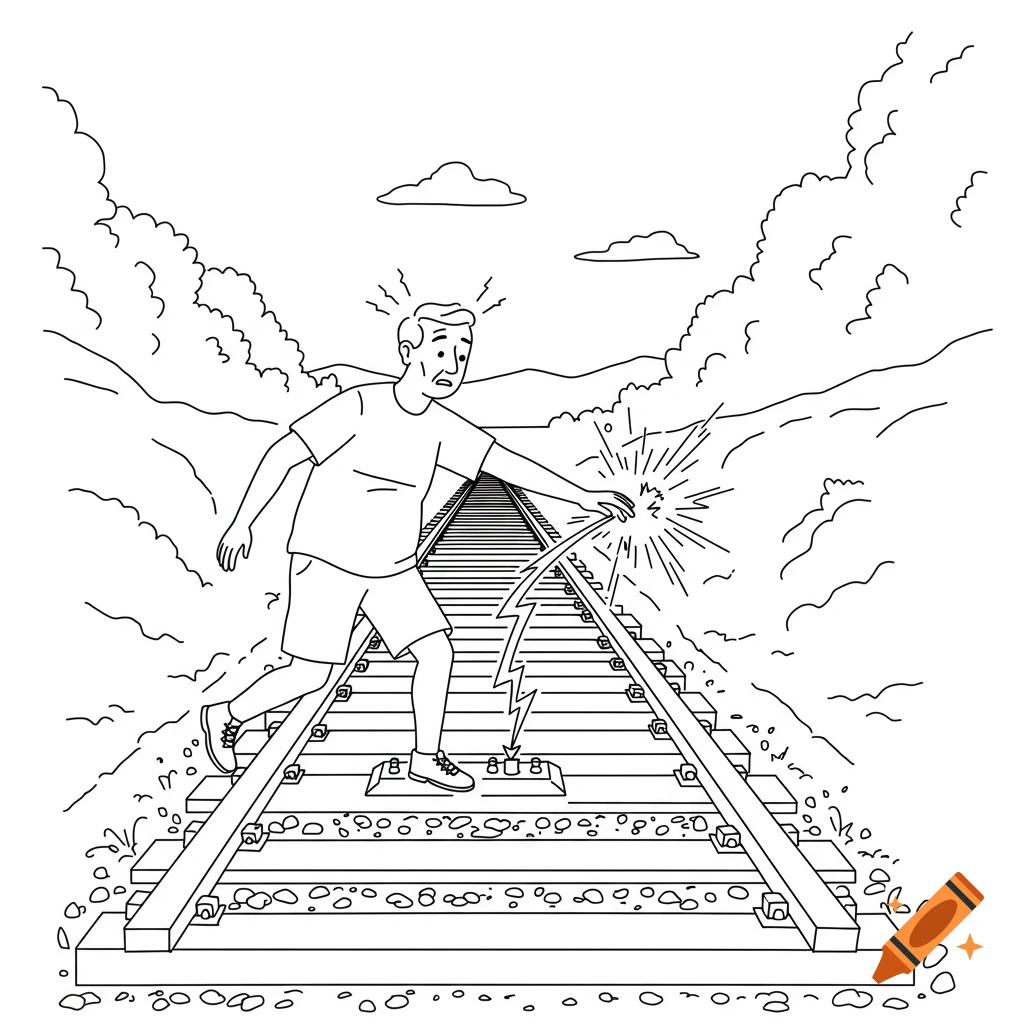 Line drawing of a man in IKEA manual style getting shocked by touching a device on railroad tracks.
