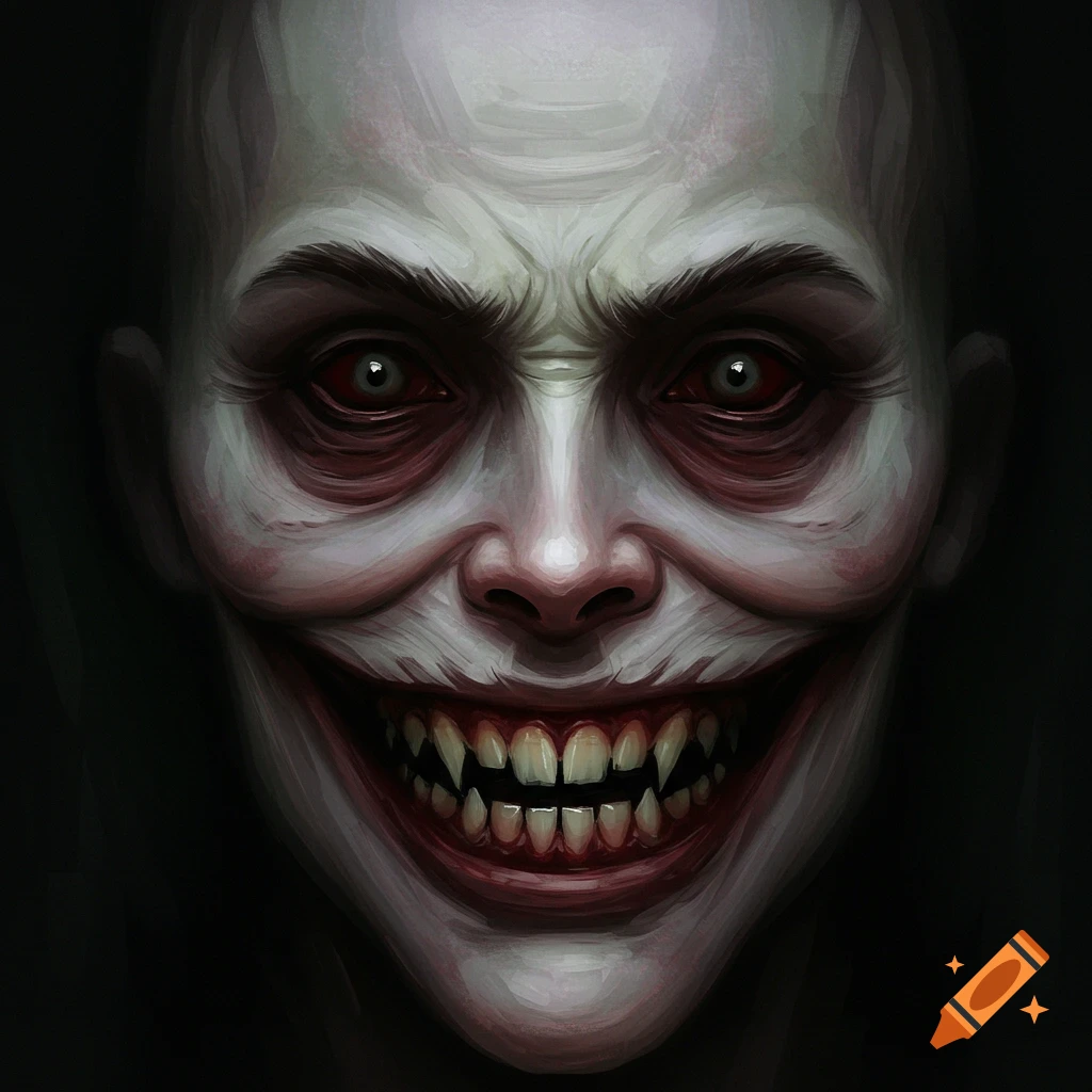 A close-up of a creepy face with sharp teeth and wide grin.