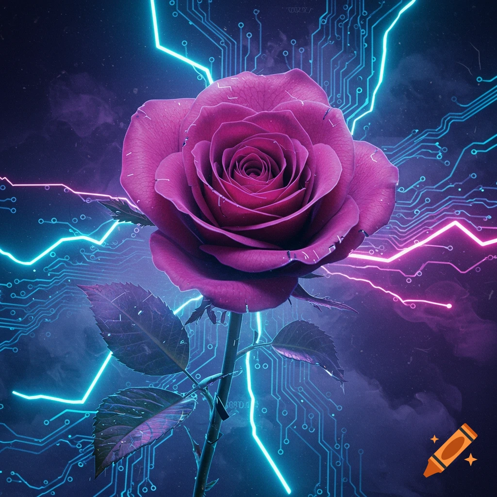 A purple rose against a dark background with glowing blue and pink circuit board patterns and lightning.