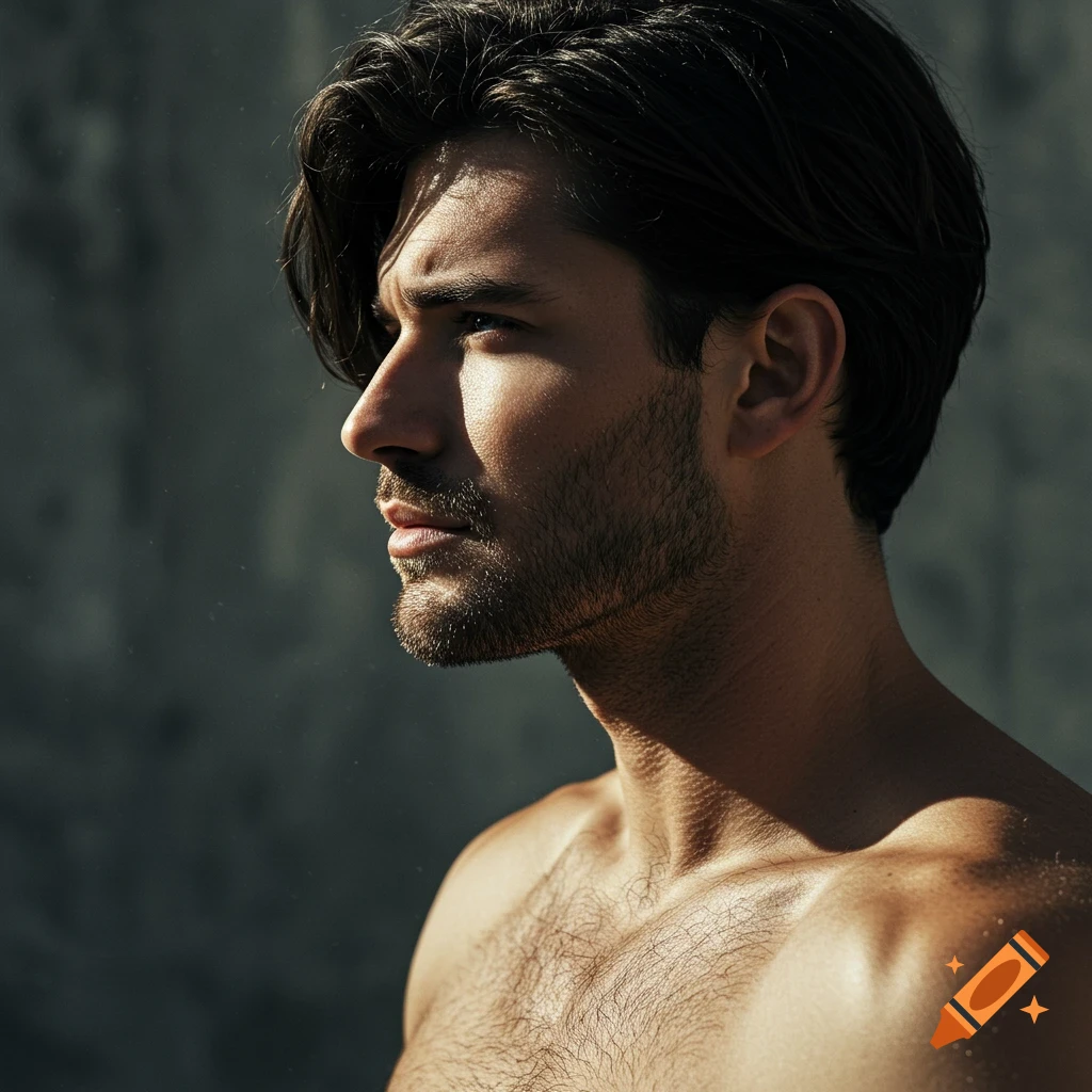 Side profile of a handsome man with dark hair and beard, lit from the side.