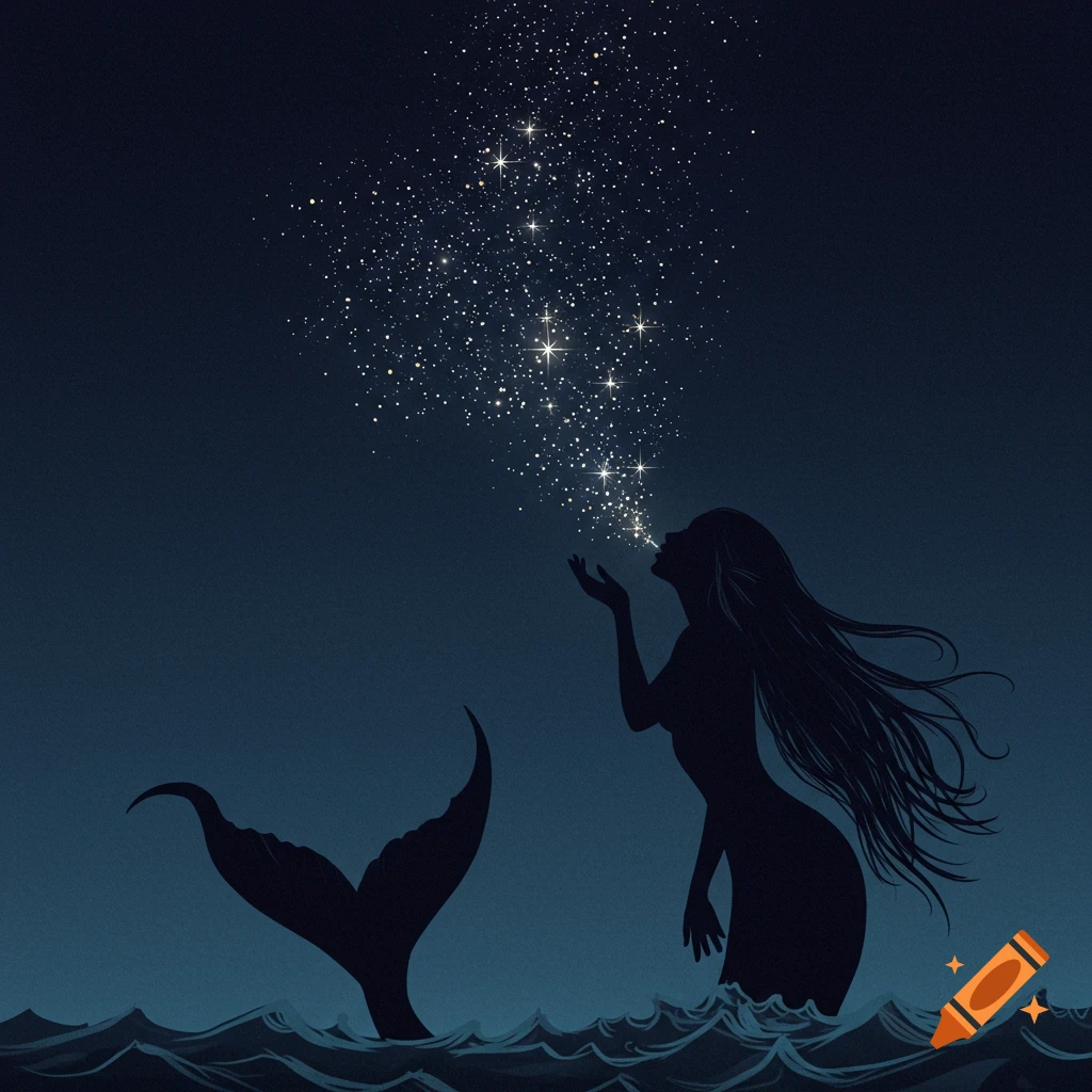 Silhouette of a mermaid blowing stars into the night sky from the ocean.