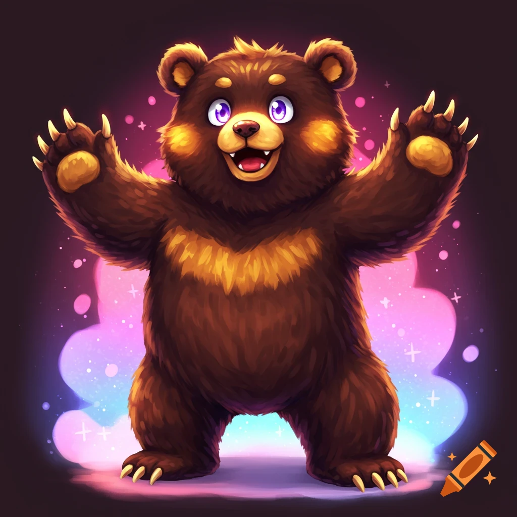 A cartoon brown bear with arms raised stands against a glowing pink and blue background.