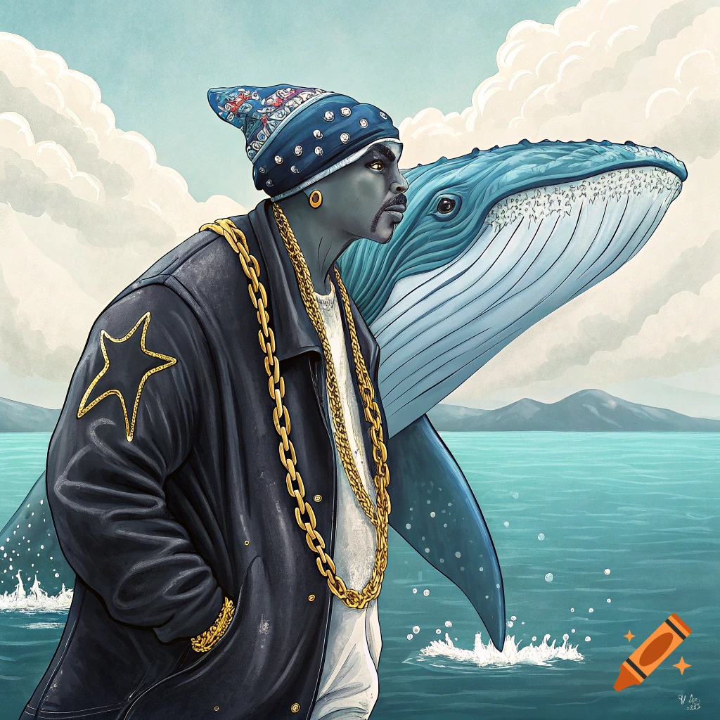 Illustration of a man in a bandana, jacket, and gold chains standing beside a humpback whale in the ocean.