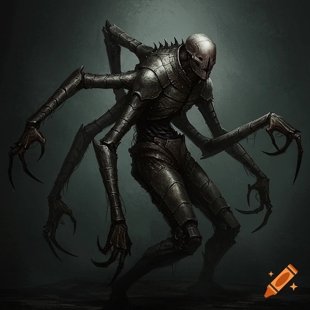 A creepy armored creature with multiple arms and a skull head.