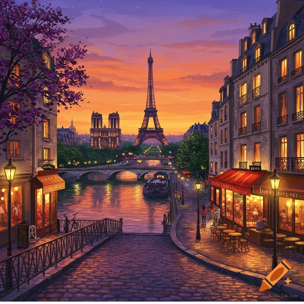 A Paris street at sunset with shops, a river, the Eiffel Tower, and Notre Dame.