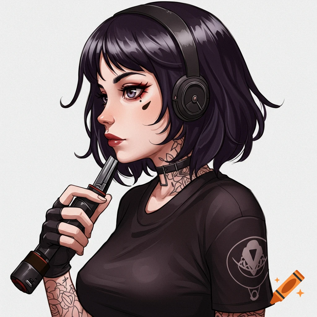 Stylized anime portrait of a short-haired girl with headphones and tattoos, holding a device.